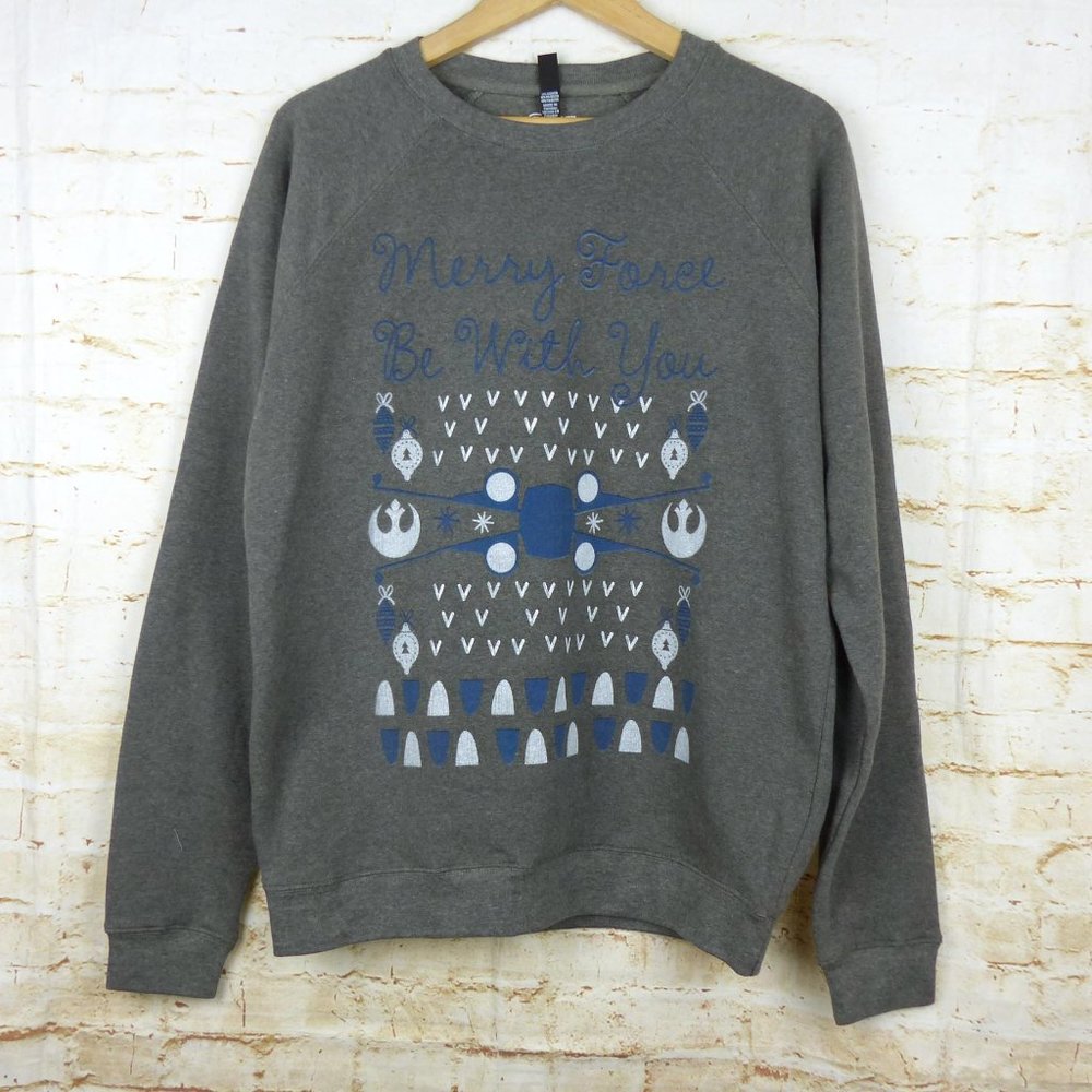 Star Wars Christmas Sweatshirt Mens L Gray X-Wing Merry Force Be With You